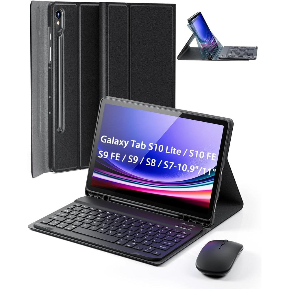 TUNKARMOR case keyboard for Samsung Galaxy Tab front view showing open folio setup with wireless keyboard and matching mouse.