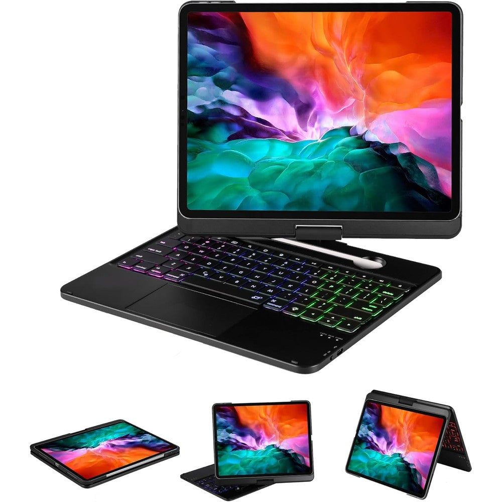 Lenrich 360 keyboard case for iPad Pro 12.9 inch front view showing open laptop mode
