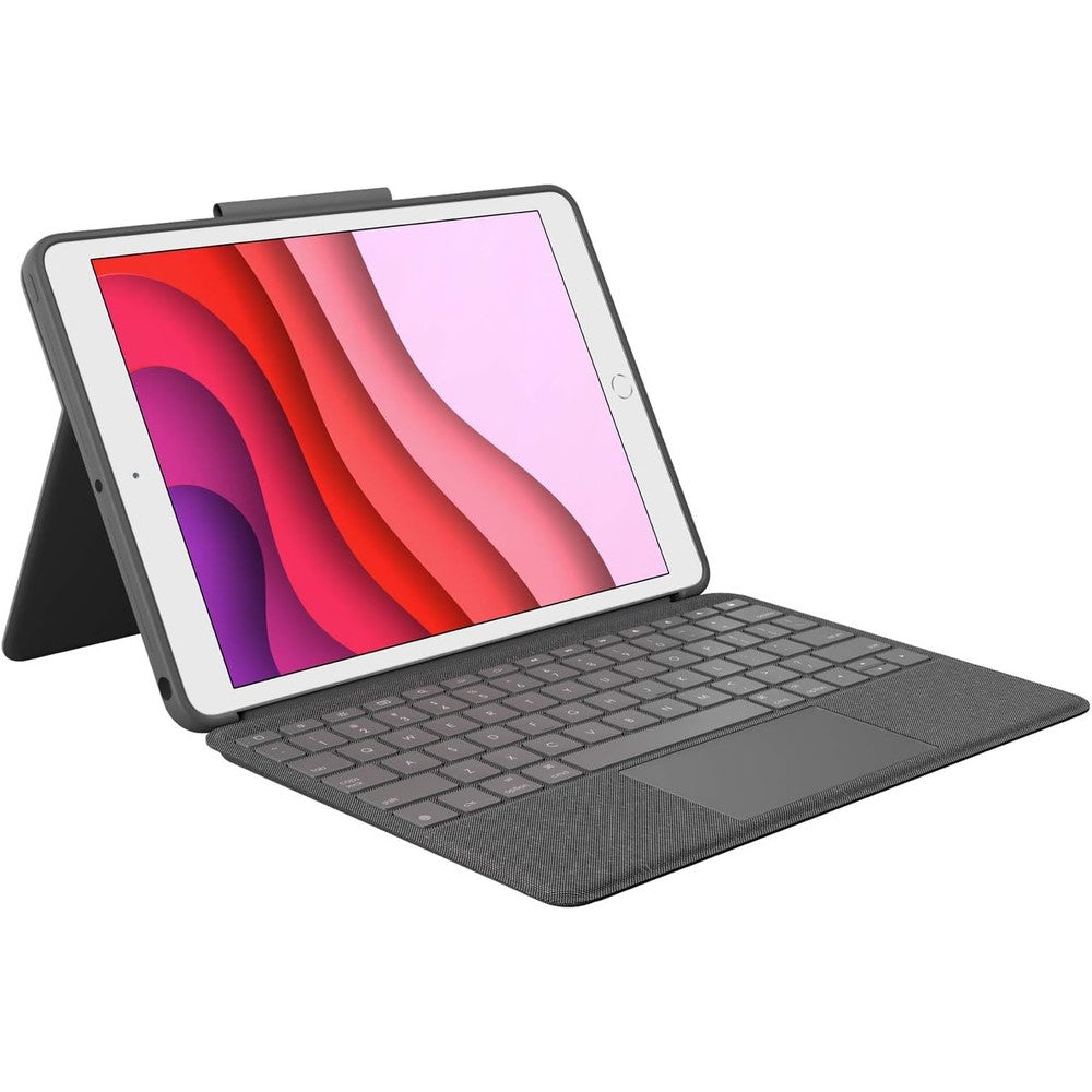 Logitech Combo Touch iPad keyboard case front view showing backlit keys and trackpad.