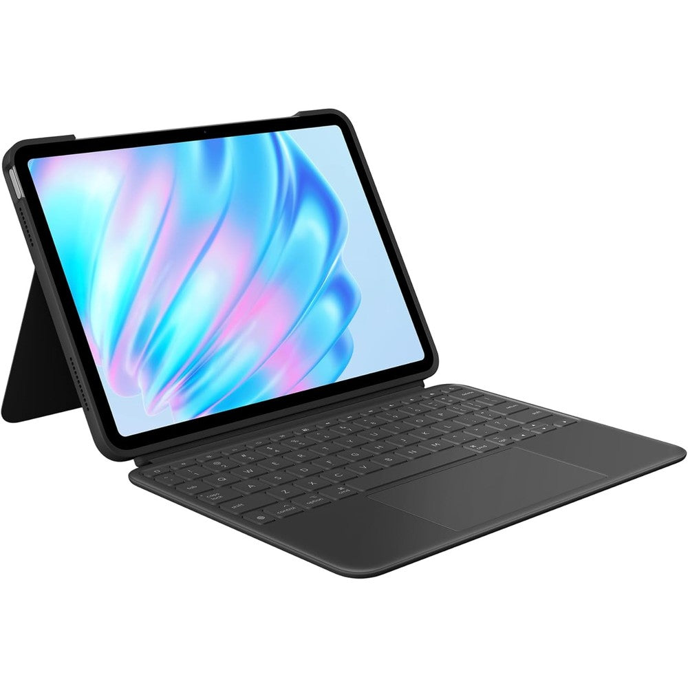 Logitech Combo Touch iPad Air 11 inch keyboard case front view showing keys glowing in midnight black.