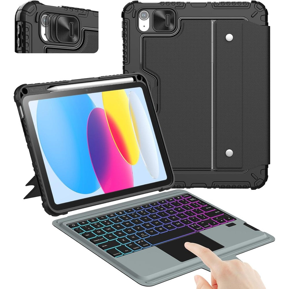 Nillkin iPad 10th Generation Keyboard Case front view showing illuminated 7-color backlit keys.
