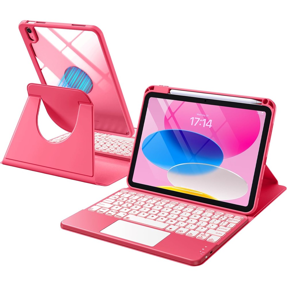 Harvopu iPad 10th 11th generation keyboard case front view in pink hue with backlit keys active.