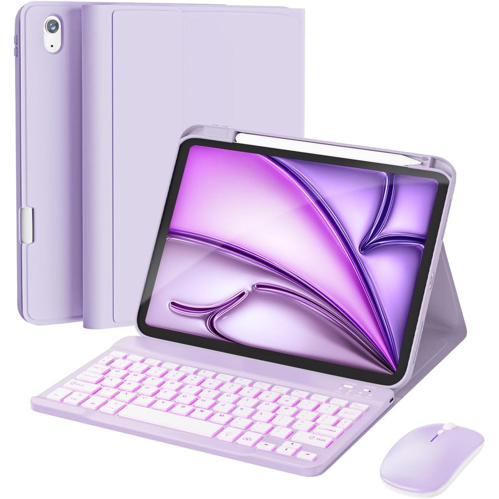 RAYMCRAFT iPad Air 11 inch keyboard case front view showing purple protective cover and matching wireless mouse