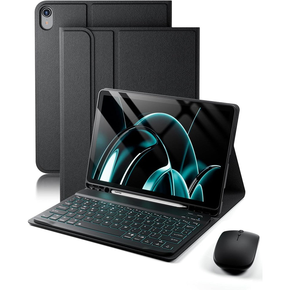 TUNKARMOR iPad keyboard case front view showing black folio design with open backlit keys
