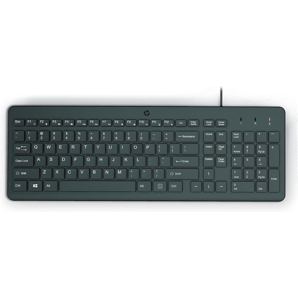 HP 150 Wired Keyboard front view showing full-sized layout with numeric keypad.