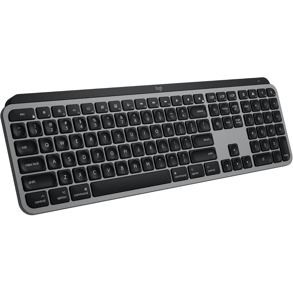 Logitech MX Keys S for Mac wireless keyboard front view in space grey finish showcasing full size layout.