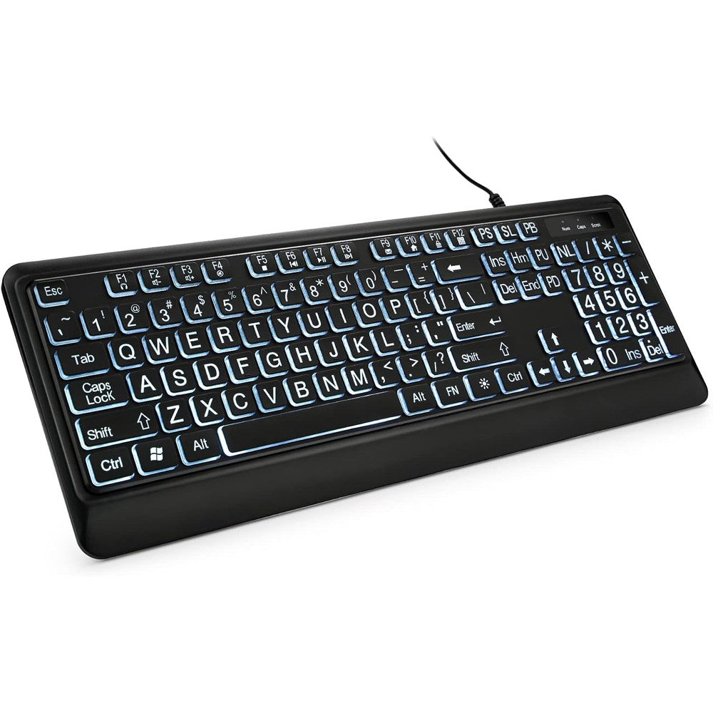 KOPJIPPOM large print backlit computer keyboard front view showing oversized white lettering on black keys.