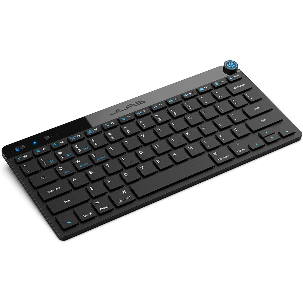 JLab Go Wireless Keyboard front view in matte black showing the ultra compact 60 percent layout and integrated media knob