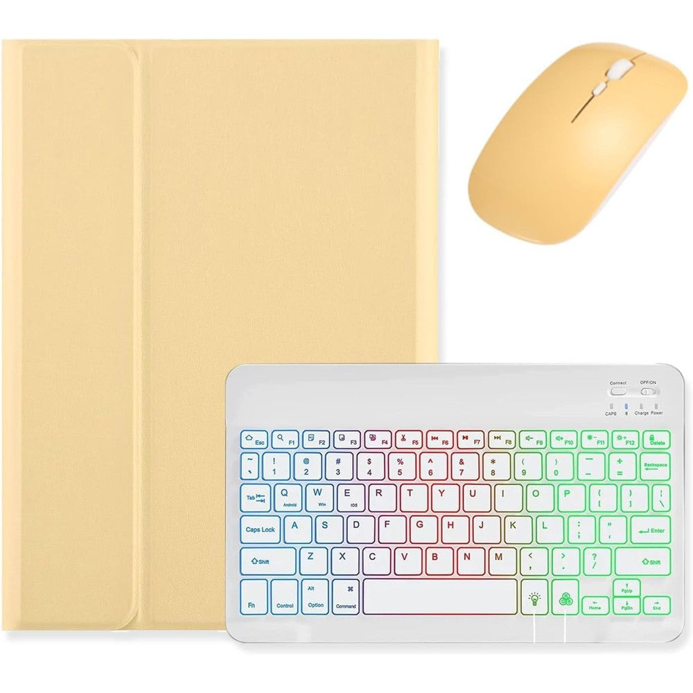 Kaidisen backlit keyboard case for iPad Pro front view showing yellow and white color theme with glowing RGB keys.