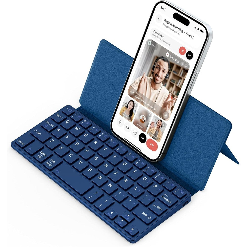 CACOE wireless foldable keyboard front view unfolded with phone stand