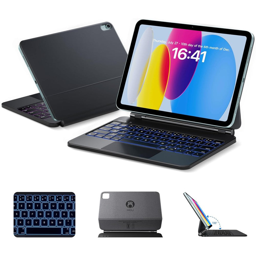 HOU Magic Keyboard Case for iPad 10th Generation front view showing floating magnetic design and illuminated backlit keys.