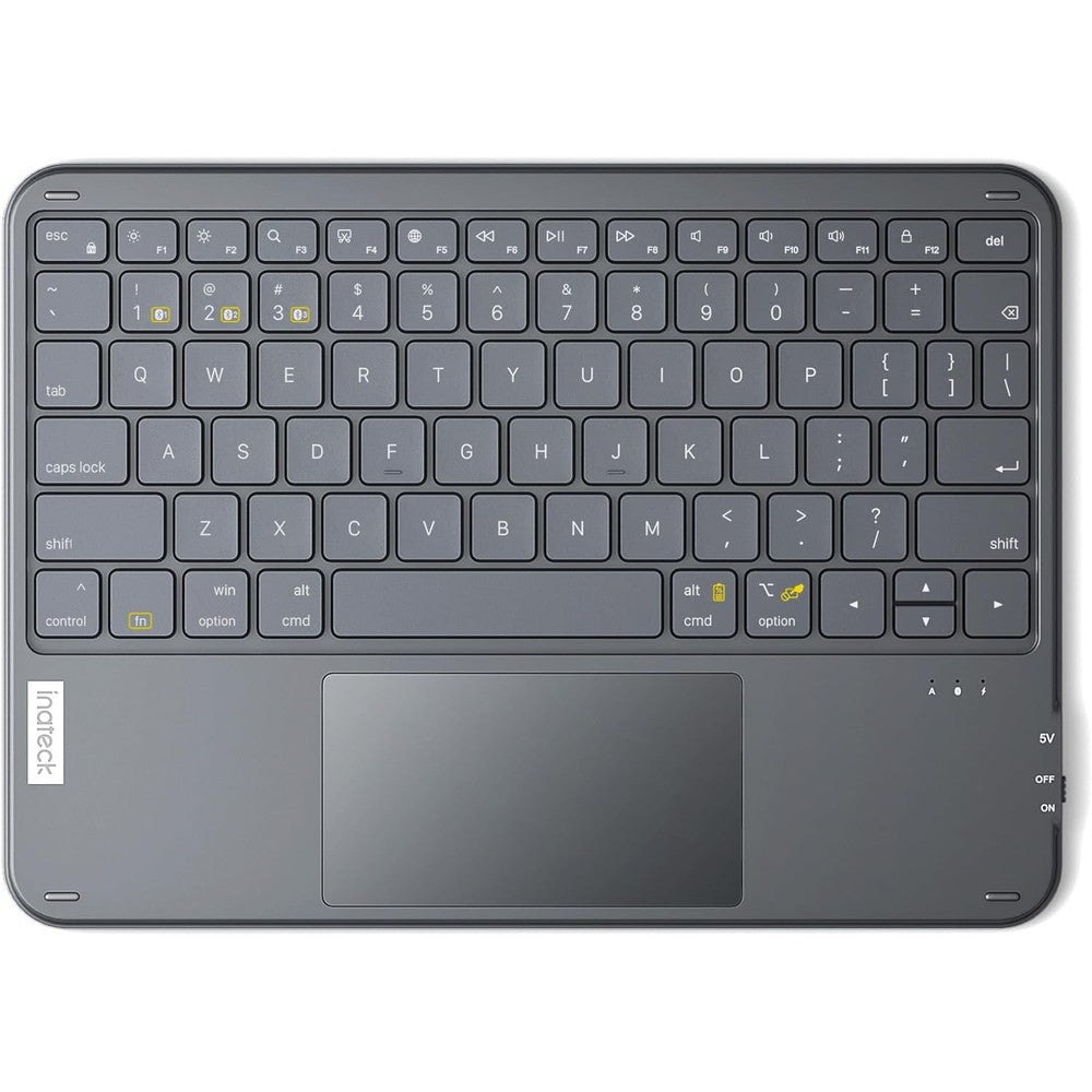 Inateck Bluetooth keyboard with touchpad front view showing ultra slim grey profile