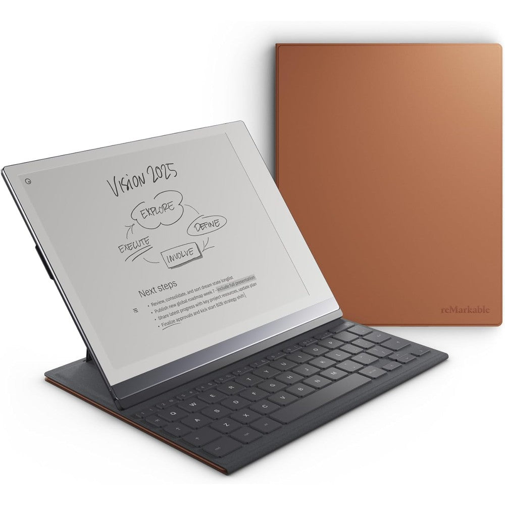 reMarkable 2 Type Folio in Sepia Brown opened up showing the integrated tactile US English keyboard profile