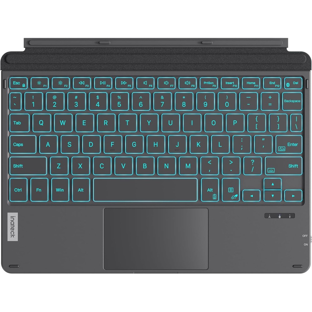 Inateck Surface Go wireless keyboard front view showing the trackpad layout and backlit keys.