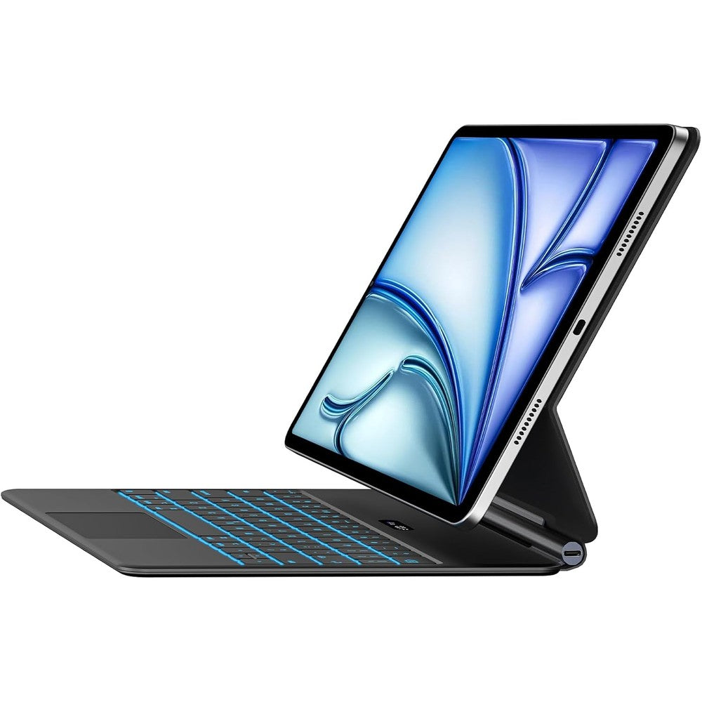 Jibrealg iPad keyboard case front view showing black premium floating cantilever stand design