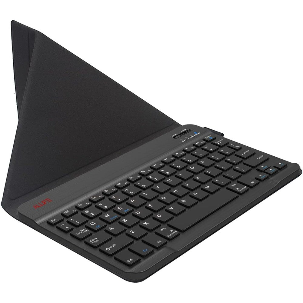 ALLIFE wireless bluetooth keyboard front view with protective stand case holding a tablet pc