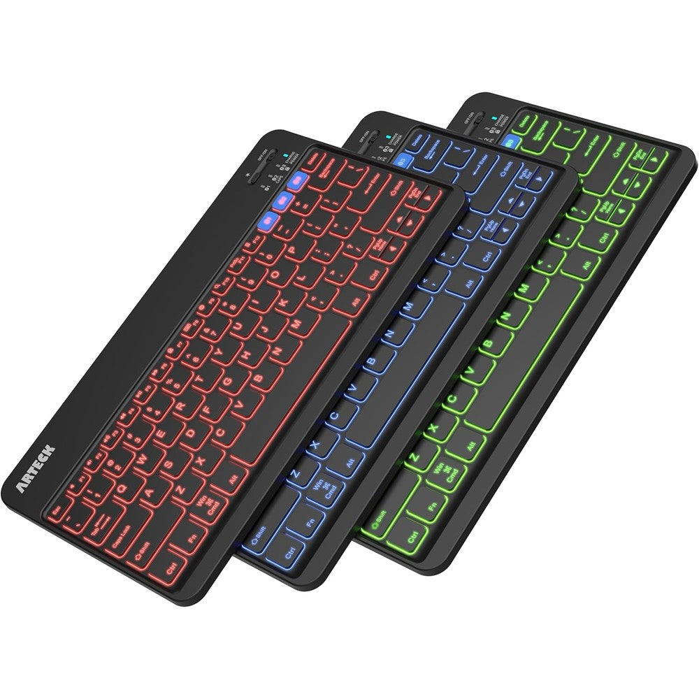 Arteck HB220B universal backlit wireless keyboard front view showing seven color LED light illumination.
