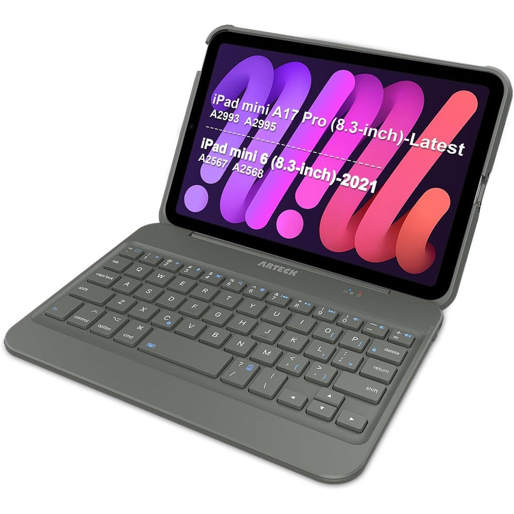 Arteck iPad Mini 6 keyboard case front view showing modern black folio design setup as a mini laptop.