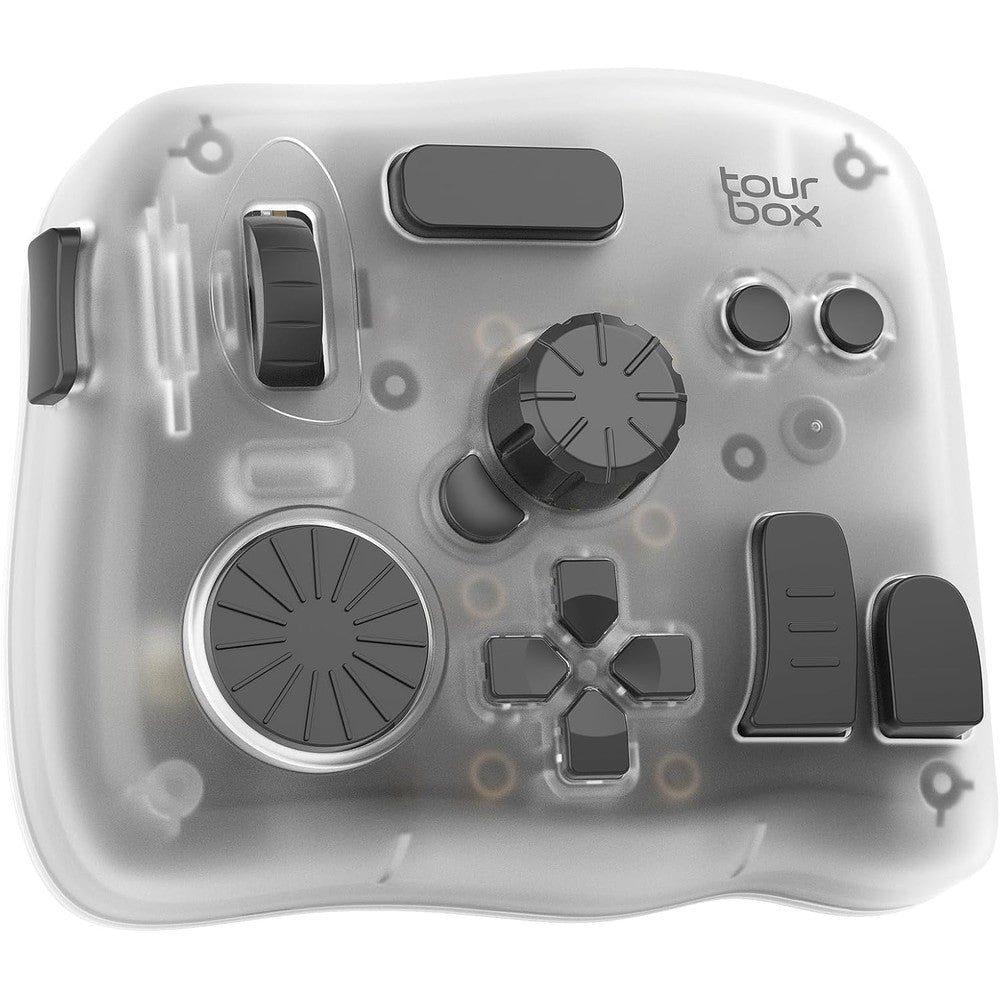 TourBox Elite Plus creative editing console front view showing translucent layout buttons