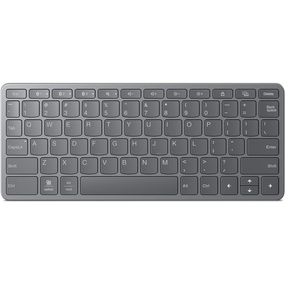 Lenovo multi device wireless bluetooth keyboard front view in iron grey color