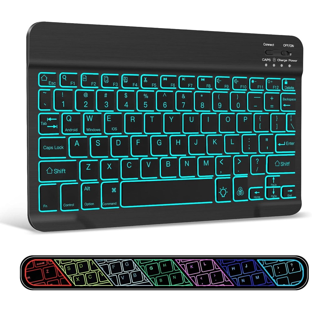 XIWMIX wireless bluetooth keyboard front view displaying seven colors backlit layout option