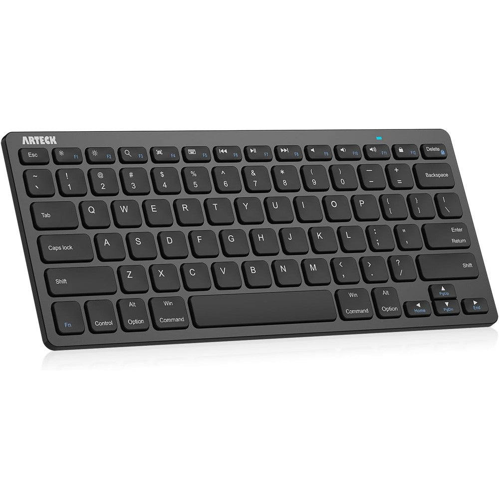 Arteck ultra slim bluetooth wireless keyboard front view displaying black chassis and low profile chiclet keys