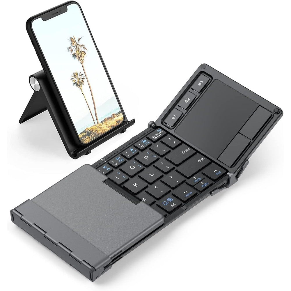 iClever tri folding Bluetooth keyboard dark grey front view opened position showing keys and touchpad.