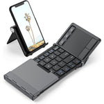 iClever tri folding Bluetooth keyboard dark grey front view opened position showing keys and touchpad.