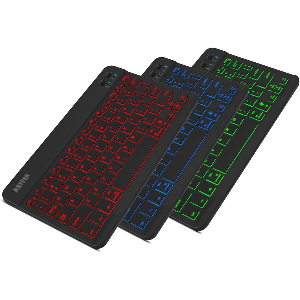 Arteck universal backlit wireless bluetooth keyboard front view showing seven color illuminated layout