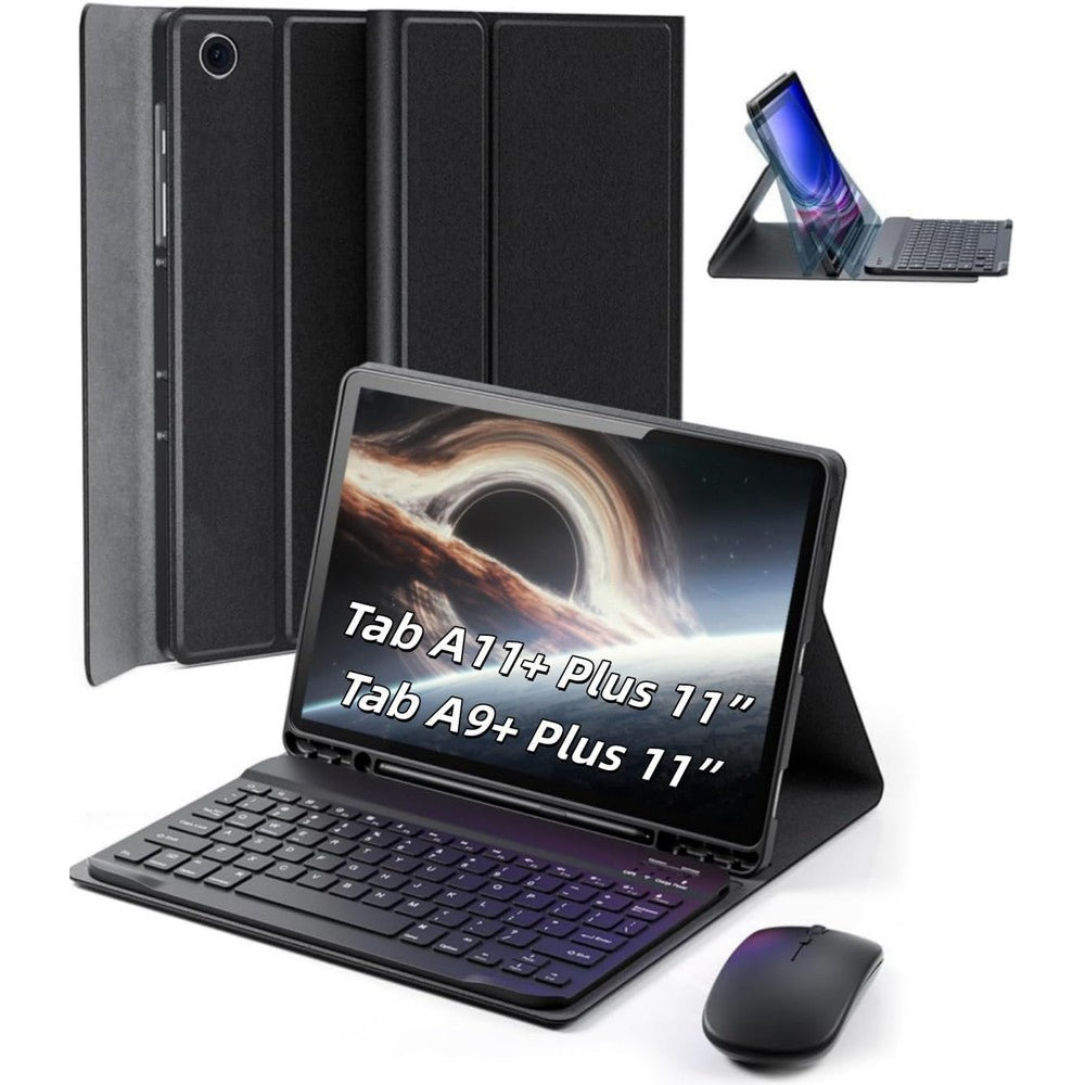 TUNKARMOR Samsung Galaxy Tab keyboard case front view showing black folio design with detached wireless keyboard