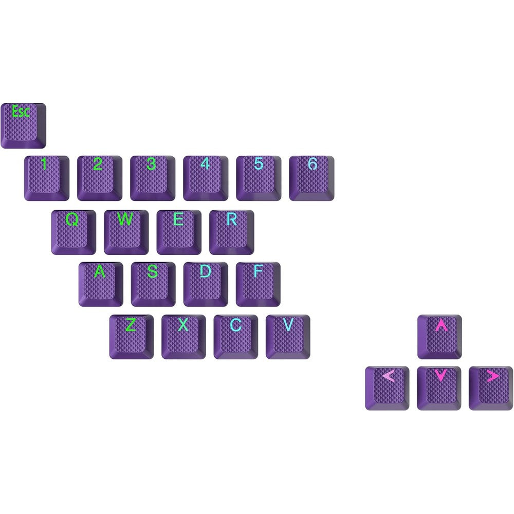 Ranked rubber keycap set dark purple front view showing twenty three translucent gaming keys