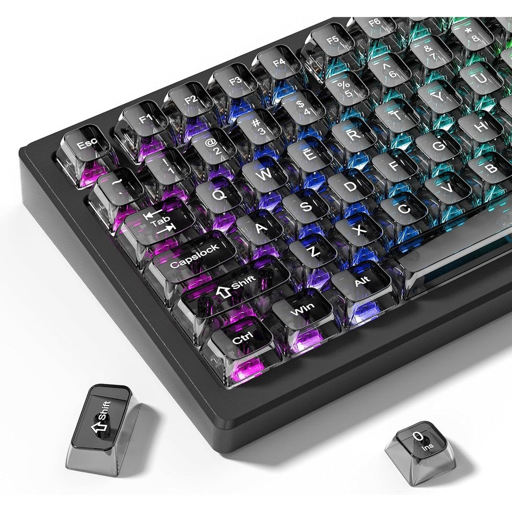 Dagaladoo Grey Clear transparent mechanical keyboard keycaps installed on a custom gaming keyboard with active RGB backlighting.