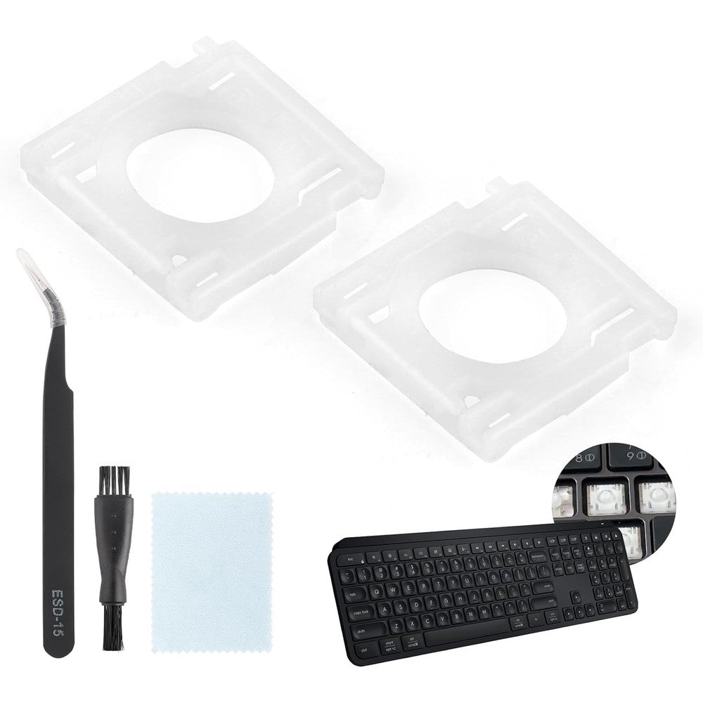 YWLRONG Logitech MX Keys keyboard hinges replacement kit front view with two white plastic scissor brackets and anti-static tweezers
