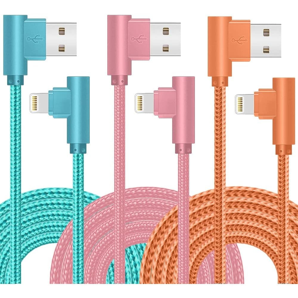 Exeric MFi Certified ninety degree Lightning cable 3 pack front view displaying premium nylon braiding.