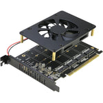 RIITOP Quad NVMe PCIe Adapter card front view showing the active cooling fan and four drive slots.