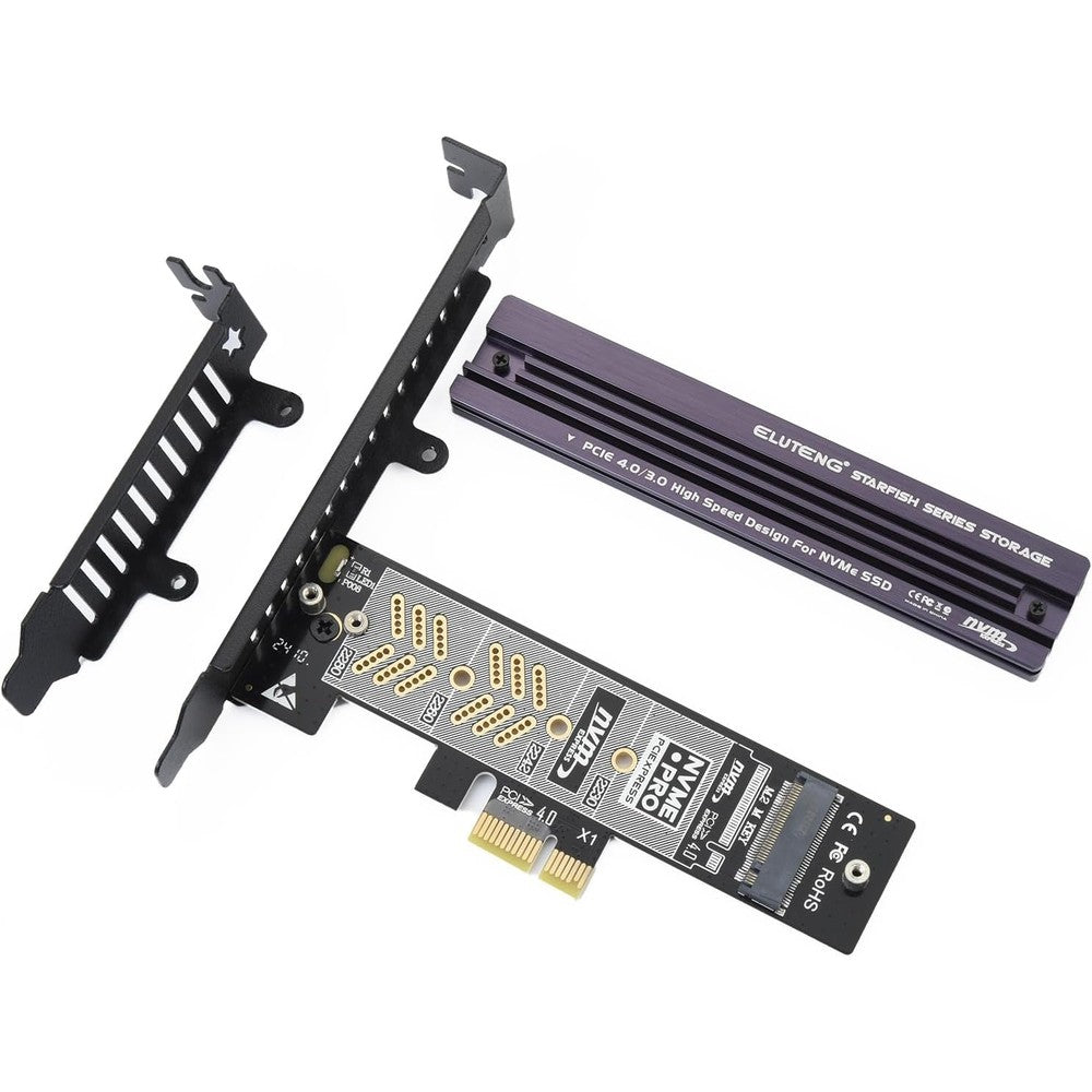 ELUTENG PCIe NVMe adapter card front view with attached black aluminum heatsink