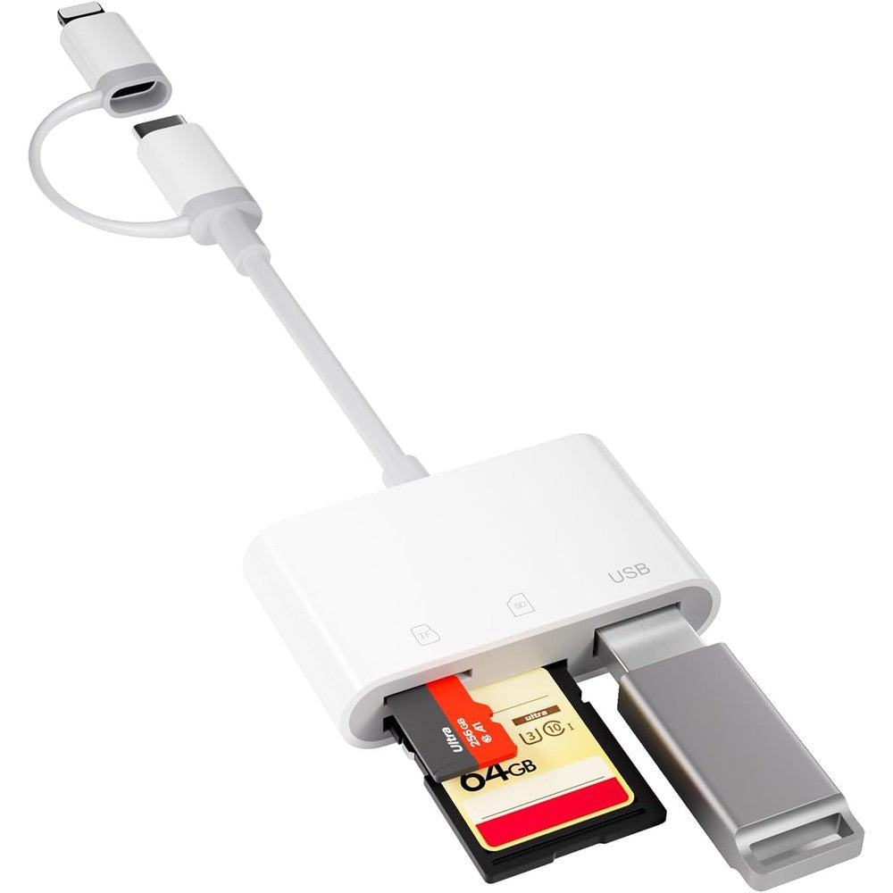 AGEEMY dual connector SD card reader front view showcasing both Lightning and USB-C input plugs