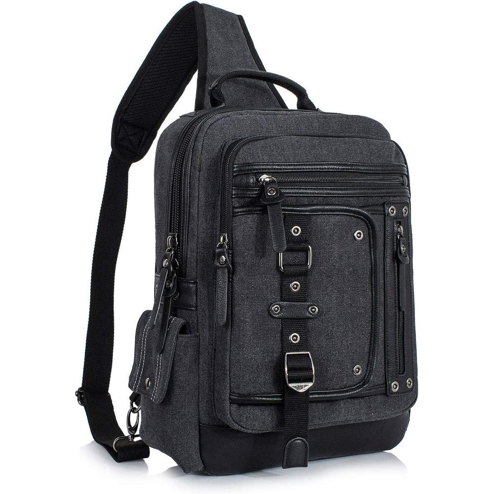 Schkleier canvas sling messenger bag front view in black showing tactical pockets.