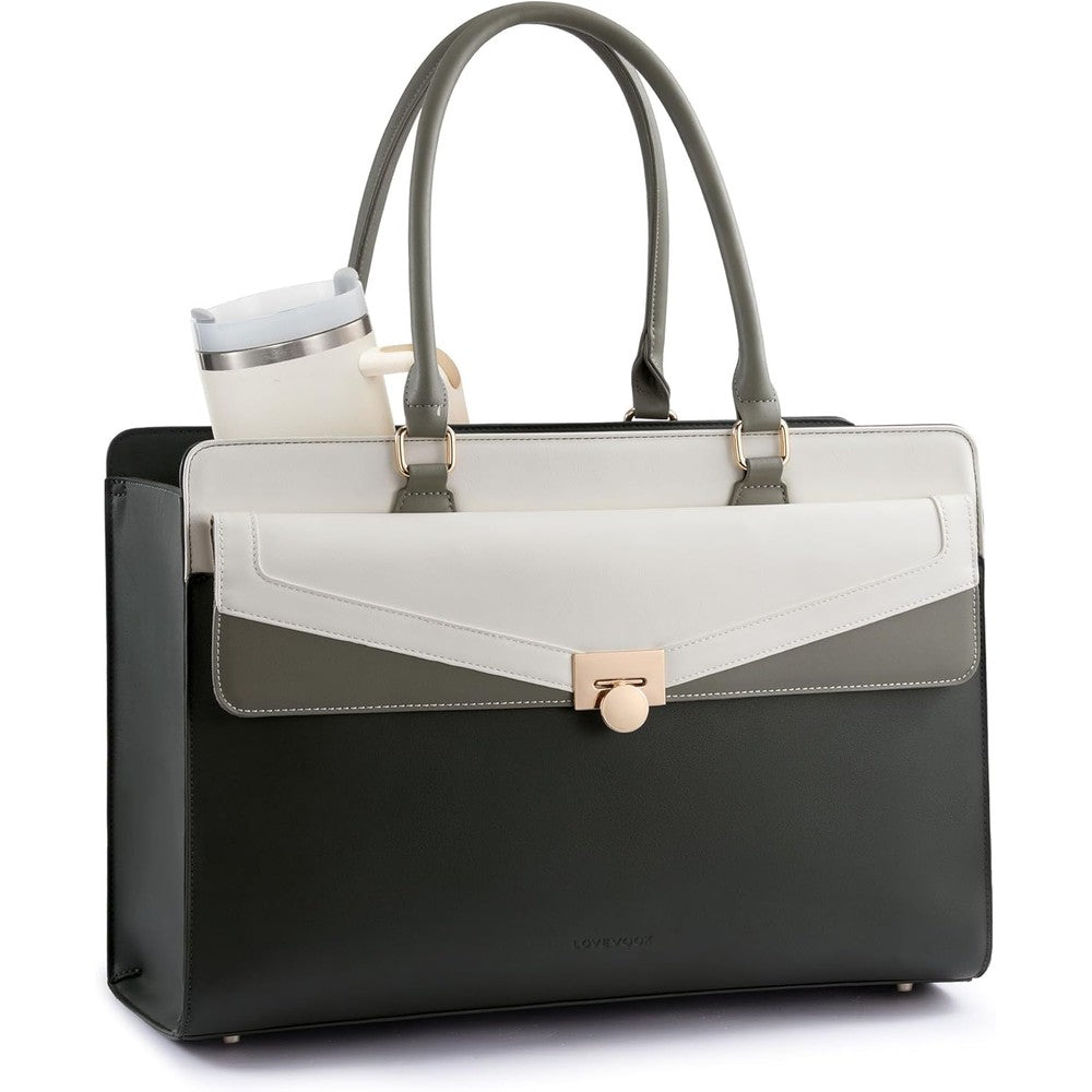 LOVEVOOK laptop tote bag for women front view featuring three tone black white and sage green leather panels