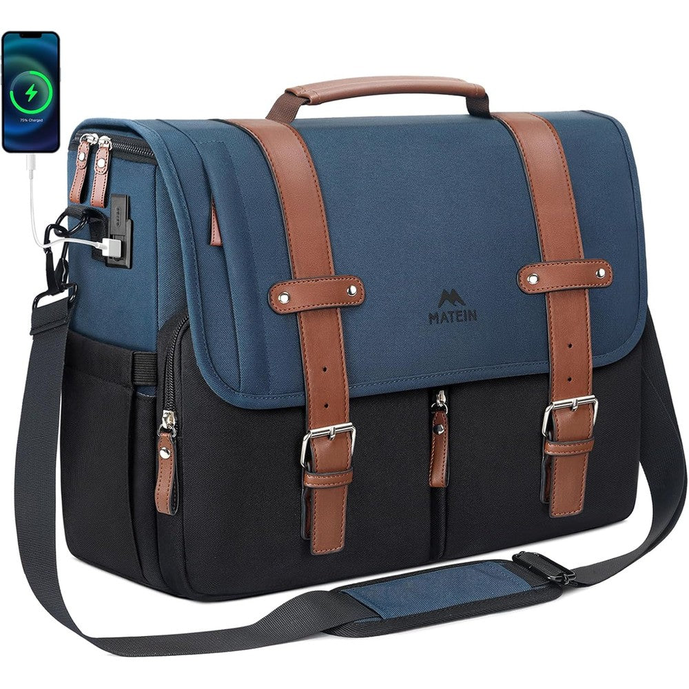 MATEIN messenger bag front view showing blue and black color block design with traditional belt buckles.