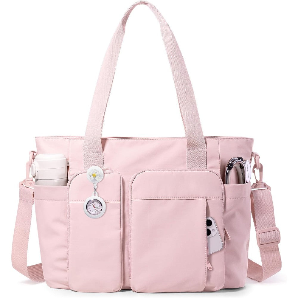 Marscamd nurse tote bag front view showing pink water-repellent fabric and external zippered compartments.