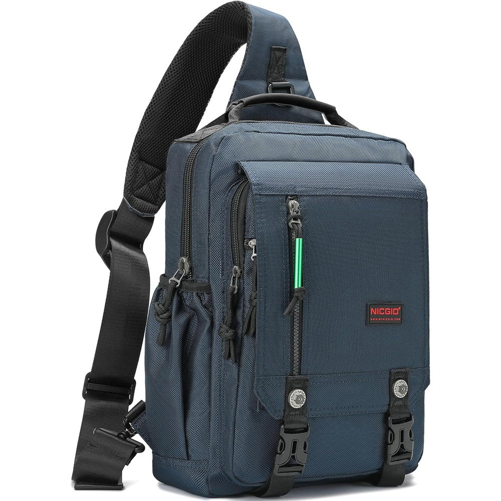NICGID sling bag front view showing water resistant nylon exterior and zippered compartments.