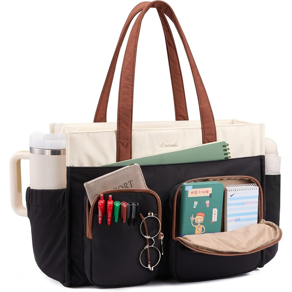 LOVEVOOK teacher tote bag front view in cream and black color block style.
