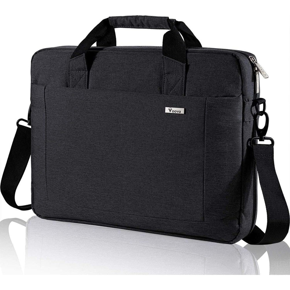 Voova Expandable Laptop Bag front view in black premium water resistant polyester fabric.