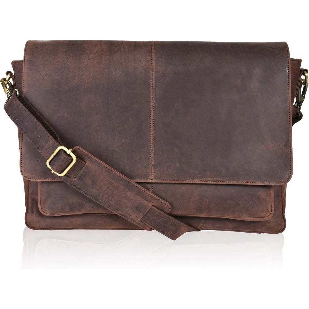 Oak Leathers leather messenger bag front view showing brown genuine leather flap cover
