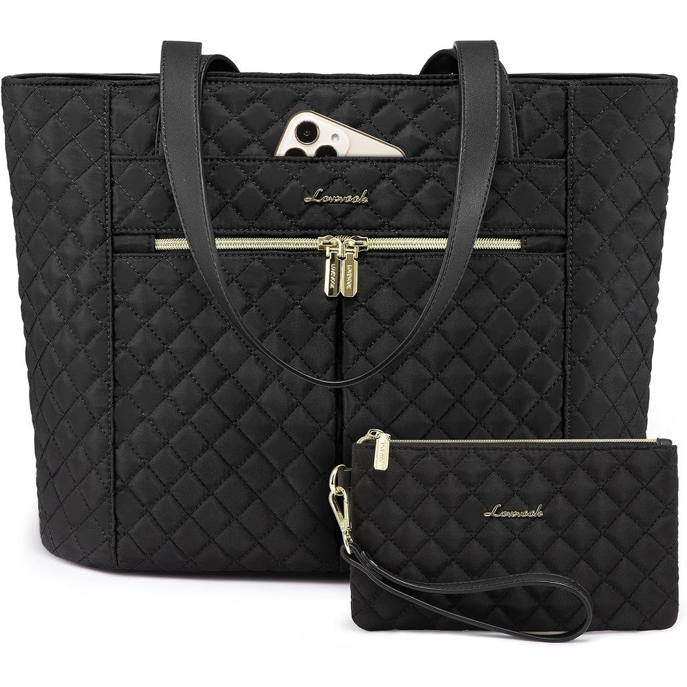LOVEVOOK laptop bag for women showing the front view of the black diamond quilted work tote with gold zippers.