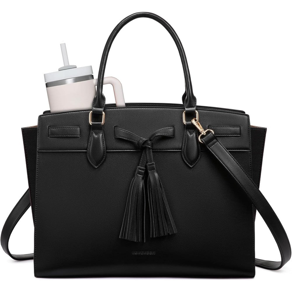 LOVEVOOK laptop bag for women front view in black premium leather with decorative tassel accent