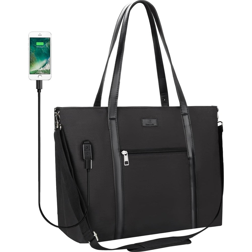 Tanto laptop tote bag for women front view in black water resistant nylon fabric showing structured professional design.