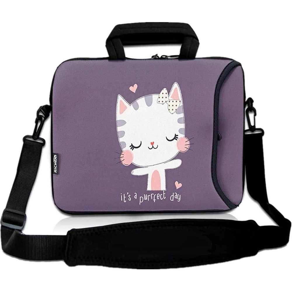 RICHEN messenger bag carrying case front view showing the purple cute cat design