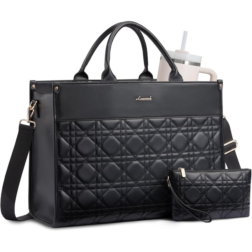LOVEVOOK laptop tote bag for women front view showing black diamond quilted leather design